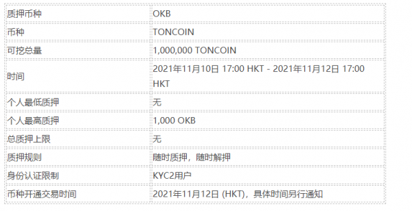 欧易OKEx官网关于上线OKB质押项目TONCOIN的公告