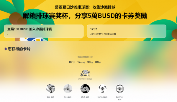 币安夏日沙滩排球赛：收集排球，解锁排球赛奖杯，分享50,000 BUSD卡券奖励！