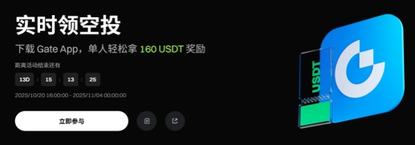 实时领空投：下载 Gate App，单人轻松拿 160 USDT 奖励